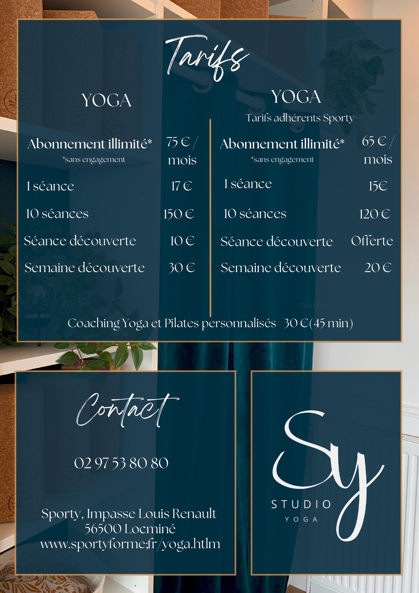 Planning et tarifs Yoga